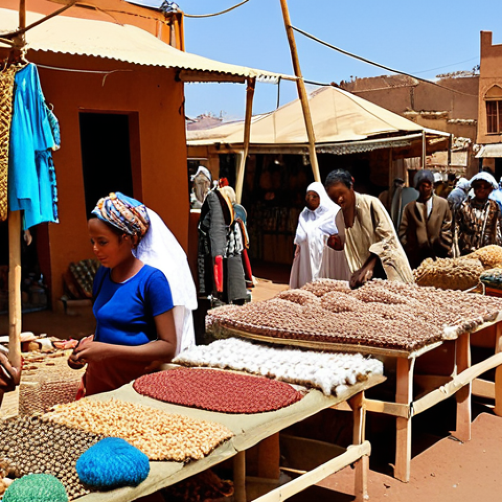 **

A vibrant marketplace in Asmara, Eritrea. Focus on local artisans displaying their crafts, particularly items made from recycled materials. Capture the bustling atmosphere with people buying and selling, highlighting the potential of Eritrean craftsmanship. The style should be realistic but with a touch of warmth and optimism.

**