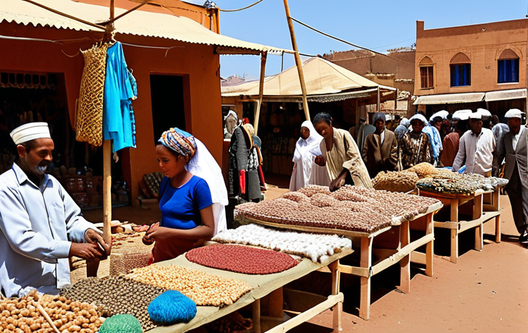 **

A vibrant marketplace in Asmara, Eritrea. Focus on local artisans displaying their crafts, particularly items made from recycled materials. Capture the bustling atmosphere with people buying and selling, highlighting the potential of Eritrean craftsmanship. The style should be realistic but with a touch of warmth and optimism.

**