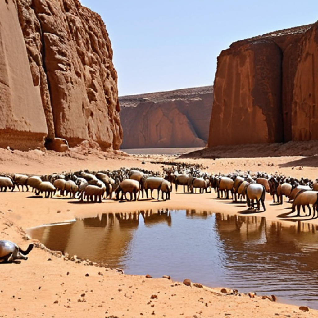**

A hidden desert oasis (guelta) in Eritrea, teeming with surprising life. Small crabs crawl among the rocks at the water's edge. In the background, gazelles cautiously approach for a drink. The stark desert landscape stretches to the horizon under a blazing sun. Emphasize the contrast between the arid environment and the vibrant life around the guelta.

**