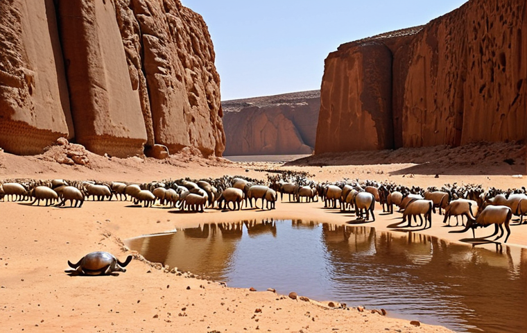 **

A hidden desert oasis (guelta) in Eritrea, teeming with surprising life. Small crabs crawl among the rocks at the water's edge. In the background, gazelles cautiously approach for a drink. The stark desert landscape stretches to the horizon under a blazing sun. Emphasize the contrast between the arid environment and the vibrant life around the guelta.

**