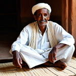 A wise, elder Eritrean storyteller, fully clothed in modest, traditional attire, with a calm and dignified expression, sitting cross-legged on a woven mat inside a traditional Eritrean 'agdo' hut. The warm, inviting atmosphere is lit by soft, diffused natural light filtering through the doorway, subtly highlighting traditional artifacts like clay coffee pots and baskets. The focus is on their expressive hands in a natural pose, conveying a rich oral tradition. perfect anatomy, correct proportions, natural body proportions, well-formed hands, proper finger count, professional photography, high quality, safe for work, appropriate content, fully clothed, family-friendly.