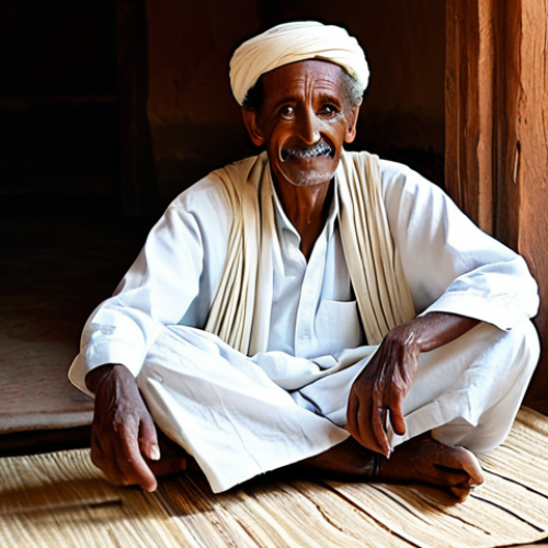 Home 25 A wise, elder Eritrean storyteller, fully clothed in modest, traditional attire, with a calm and dignified expression, sitting cross-legged on a woven mat inside a traditional Eritrean 'agdo' hut. The warm, inviting atmosphere is lit by soft, diffused natural light filtering through the doorway, subtly highlighting traditional artifacts like clay coffee pots and baskets. The focus is on their expressive hands in a natural pose, conveying a rich oral tradition. perfect anatomy, correct proportions, natural body proportions, well-formed hands, proper finger count, professional photography, high quality, safe for work, appropriate content, fully clothed, family-friendly.