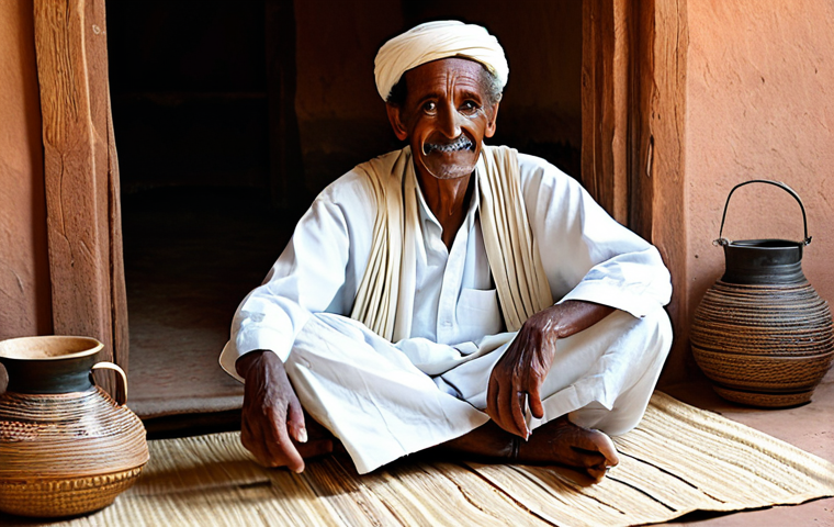 A wise, elder Eritrean storyteller, fully clothed in modest, traditional attire, with a calm and dignified expression, sitting cross-legged on a woven mat inside a traditional Eritrean 'agdo' hut. The warm, inviting atmosphere is lit by soft, diffused natural light filtering through the doorway, subtly highlighting traditional artifacts like clay coffee pots and baskets. The focus is on their expressive hands in a natural pose, conveying a rich oral tradition. perfect anatomy, correct proportions, natural body proportions, well-formed hands, proper finger count, professional photography, high quality, safe for work, appropriate content, fully clothed, family-friendly.