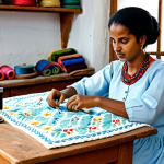 An Eritrean adult woman, an artisan, dressed in modest and appropriate traditional Eritrean attire, fully clothed. She is seated gracefully in a well-lit home workshop, surrounded by rolls of vibrant cotton and silk fabrics, spools of colorful threads, and traditional sewing tools like sharp tailor's scissors, a thimble, and needles. Her hands are gently working on an intricate embroidery pattern on a piece of fabric, demonstrating precision and dedication. A classic mechanical sewing machine is visible in the background on a wooden table. Professional studio photography, natural pose, perfect anatomy, correct proportions, well-formed hands, proper finger count, natural body proportions, high detail, authentic textures, soft natural lighting, safe for work, appropriate content, fully clothed, professional, modest, family-friendly.