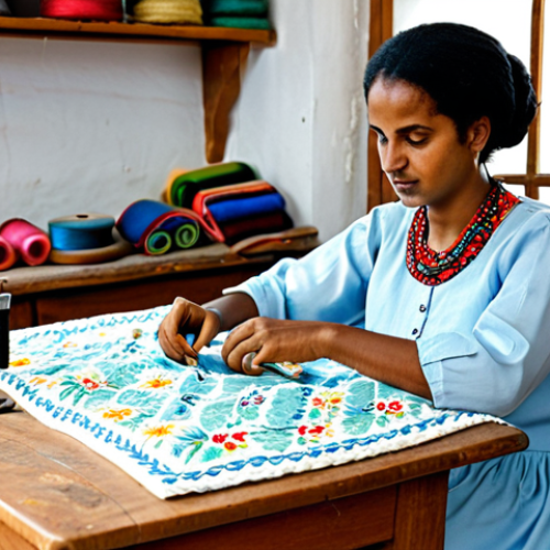Home 24 An Eritrean adult woman, an artisan, dressed in modest and appropriate traditional Eritrean attire, fully clothed. She is seated gracefully in a well-lit home workshop, surrounded by rolls of vibrant cotton and silk fabrics, spools of colorful threads, and traditional sewing tools like sharp tailor's scissors, a thimble, and needles. Her hands are gently working on an intricate embroidery pattern on a piece of fabric, demonstrating precision and dedication. A classic mechanical sewing machine is visible in the background on a wooden table. Professional studio photography, natural pose, perfect anatomy, correct proportions, well-formed hands, proper finger count, natural body proportions, high detail, authentic textures, soft natural lighting, safe for work, appropriate content, fully clothed, professional, modest, family-friendly.
