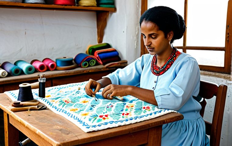 An Eritrean adult woman, an artisan, dressed in modest and appropriate traditional Eritrean attire, fully clothed. She is seated gracefully in a well-lit home workshop, surrounded by rolls of vibrant cotton and silk fabrics, spools of colorful threads, and traditional sewing tools like sharp tailor's scissors, a thimble, and needles. Her hands are gently working on an intricate embroidery pattern on a piece of fabric, demonstrating precision and dedication. A classic mechanical sewing machine is visible in the background on a wooden table. Professional studio photography, natural pose, perfect anatomy, correct proportions, well-formed hands, proper finger count, natural body proportions, high detail, authentic textures, soft natural lighting, safe for work, appropriate content, fully clothed, professional, modest, family-friendly.