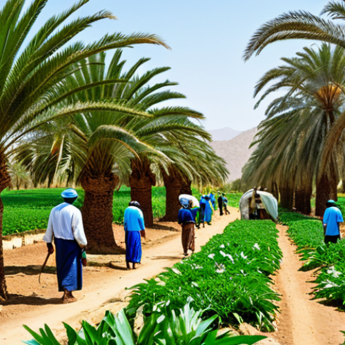 Home 23 **
"A group of fully clothed Eritrean farmers working in a lush oasis, tending to date palm trees and vegetable gardens, traditional irrigation techniques in use, appropriate attire, safe for work, perfect anatomy, natural proportions, professional photography, bright daylight, family-friendly, high quality."
**