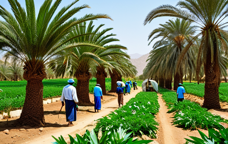 **

"A group of fully clothed Eritrean farmers working in a lush oasis, tending to date palm trees and vegetable gardens, traditional irrigation techniques in use, appropriate attire, safe for work, perfect anatomy, natural proportions, professional photography, bright daylight, family-friendly, high quality."

**