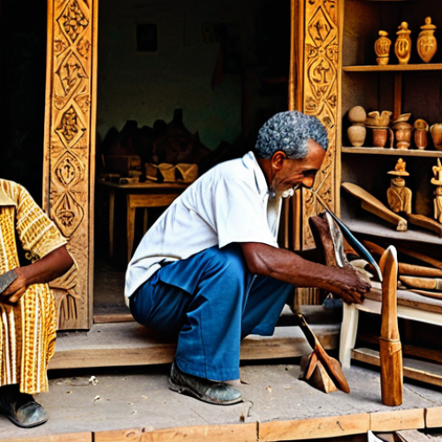 Home 22 Eritrean Woodcarving Workshop**
"A brightly lit Eritrean woodcarving workshop, several mature artisans fully clothed in modest work attire are carefully carving ebony with traditional tools. Observe children learning the craft from their grandparents. The scene should be safe for work, professional, family-friendly, perfect anatomy, correct proportions, well-formed hands, proper finger count, natural pose, appropriate content. The background shows various finished carved objects: crosses, animal figurines, and simple furniture. High-quality details."
**
