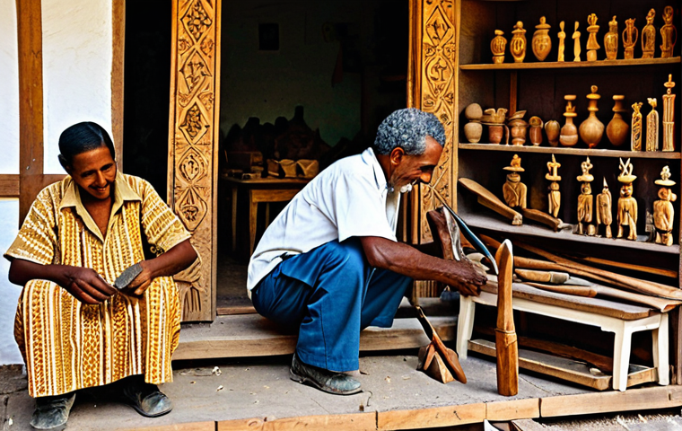 Eritrean Woodcarving Workshop**

"A brightly lit Eritrean woodcarving workshop, several mature artisans fully clothed in modest work attire are carefully carving ebony with traditional tools. Observe children learning the craft from their grandparents. The scene should be safe for work, professional, family-friendly, perfect anatomy, correct proportions, well-formed hands, proper finger count, natural pose, appropriate content. The background shows various finished carved objects: crosses, animal figurines, and simple furniture. High-quality details."

**
