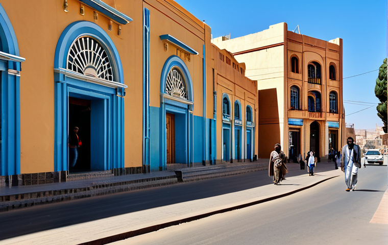 **

"A sunny street view in Asmara, Eritrea showcasing the Art Deco Cinema Impero, fully clothed people walking on the sidewalk, appropriate content, safe for work, perfect anatomy, correct proportions, professional architecture photography, daytime, blue sky, modest attire, family-friendly setting."

**