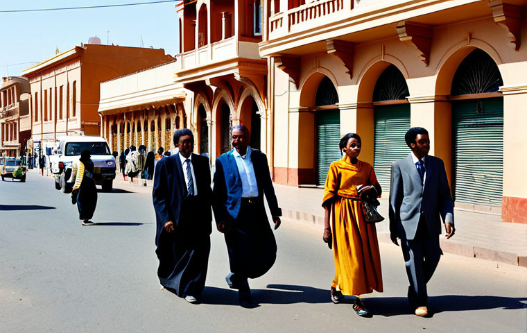 에리트레아 현대 문명과의 갈등 - Tradition Meets Modernity in Asmara**

"A bustling street scene in Asmara, Eritrea. Traditional arch...