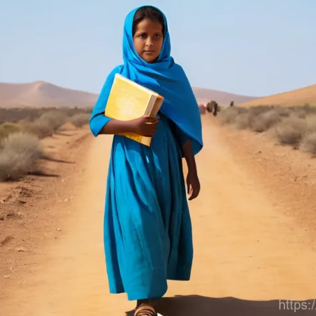 에리트레아의 여성 교육 - **Prompt:** A resilient young Eritrean girl, approximately 10-12 years old, is walking along a sun-d...