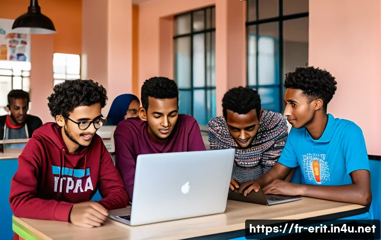 에리트레아와 IT 산업 - A vibrant tech hub scene in Asmara, Eritrea, featuring a diverse group of young adults collaborating...
