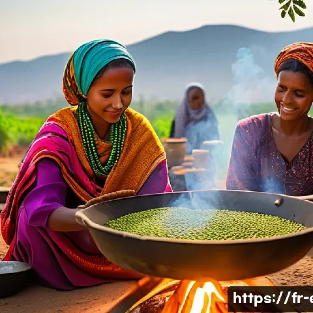에리트레아 커피 문화 - A vibrant outdoor Eritrean coffee roasting scene featuring a traditional small wood fire with glowin...