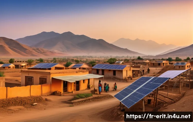 에리트레아의 전력 공급 - A vibrant rural Eritrean village scene at sunset featuring a community solar micro-grid installation...