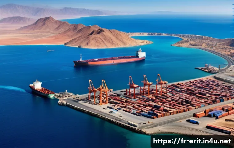 에리트레아와 홍해의 연관성 - A detailed aerial view of the Eritrean Red Sea coastline featuring the modernizing port of Assab bus...