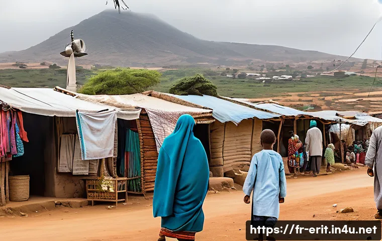 에리트레아 인권 문제 - A detailed scene of a small Eritrean village under strict media censorship: a local marketplace with...