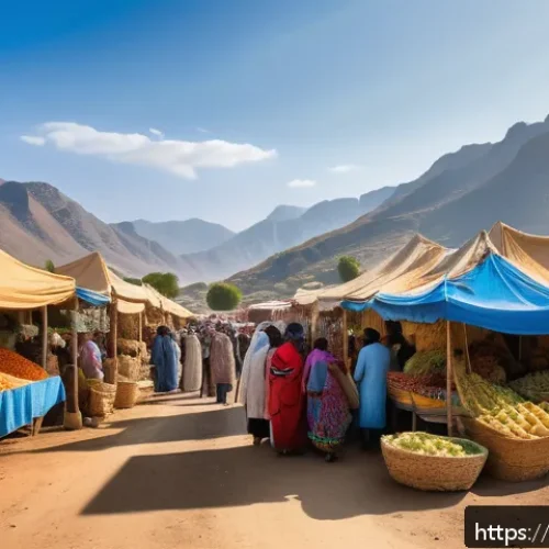 Home 30 에리트레아 정부 비판 문제 - A detailed scene showing a vibrant Eritrean rural market with local farmers and traders wearing trad...