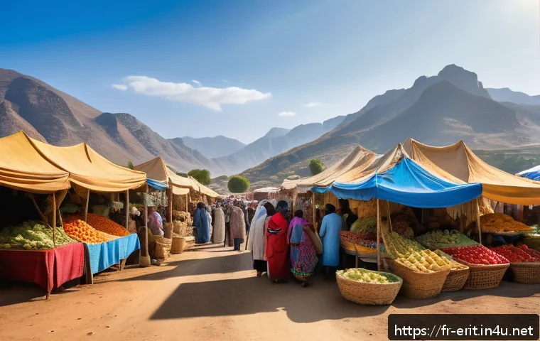 에리트레아 정부 비판 문제 - A detailed scene showing a vibrant Eritrean rural market with local farmers and traders wearing trad...