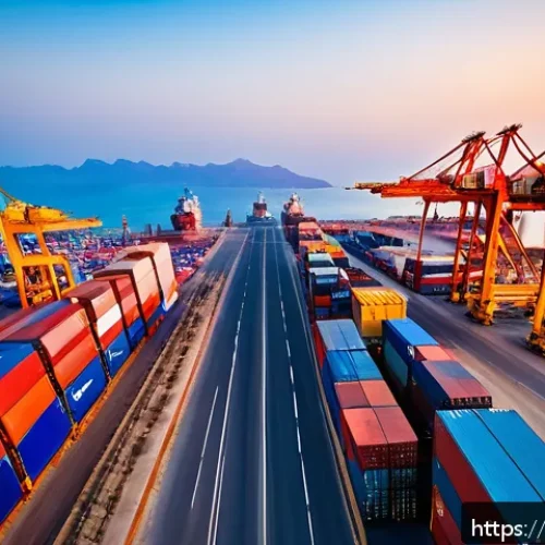 Home 17 에리트레아와 중국의 관계 - A bustling modern port on the Red Sea coast of Eritrea at sunset, featuring large cargo ships unload...