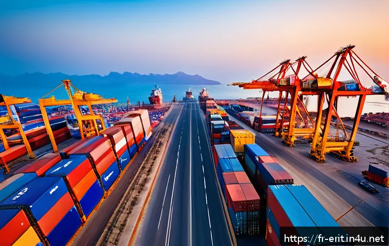 에리트레아와 중국의 관계 - A bustling modern port on the Red Sea coast of Eritrea at sunset, featuring large cargo ships unload...