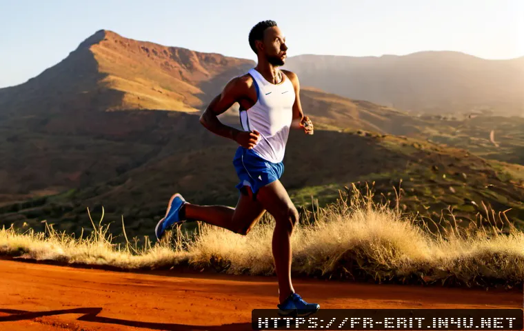 Home 17 에리트레아 육상 선수 - Photorealistic Eritrean male long-distance runner training at sunrise on a quiet red-earth track nea...