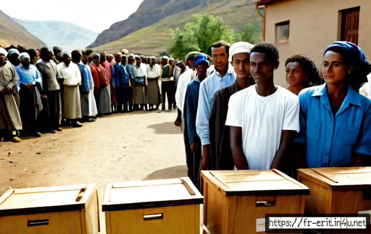 에리트레아의 독립 스토리 - Photorealistic historical documentary scene of Eritrean independence referendum day in 1993, diverse...