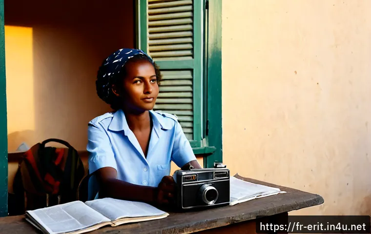 에리트레아의 언론 자유 - Photorealistic editorial scene in Asmara, Eritrea: a thoughtful East African female journalist seate...