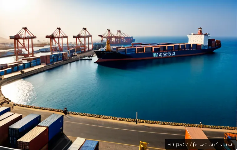 에리트레아의 주요 무역 파트너 - Photorealistic wide-angle view of Massawa harbor in Eritrea at golden morning light, cargo container...