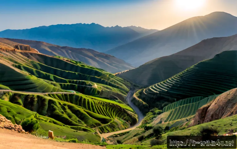 에리트레아의 고산 지역 - Photorealistic panoramic view of Eritrea’s highland region near Asmara, rolling green terraced hills...